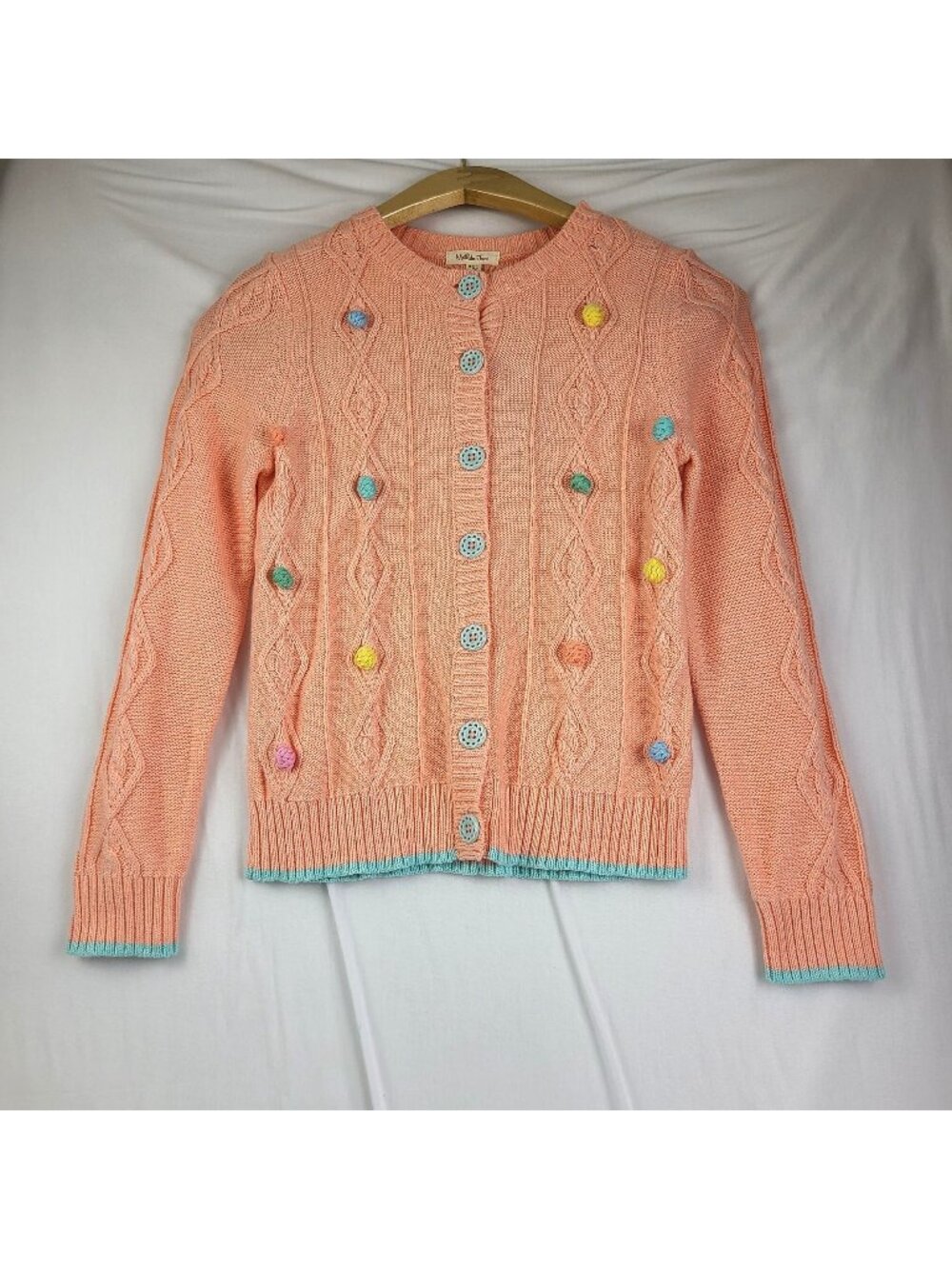 Matilda Jane Dream Chasers Lookin' Peachy Cardigan Cable-Knit Pom Poms 8 NEW
